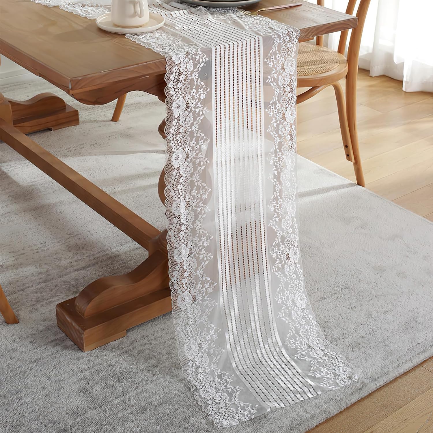White Lace Table Runner 15 x 48 Inch Embroidered Boho Table Runner Dresser Scarf for Wedding Bridal Shower Reception Table Decor Vintage Rustic Overlay Lace Fabric