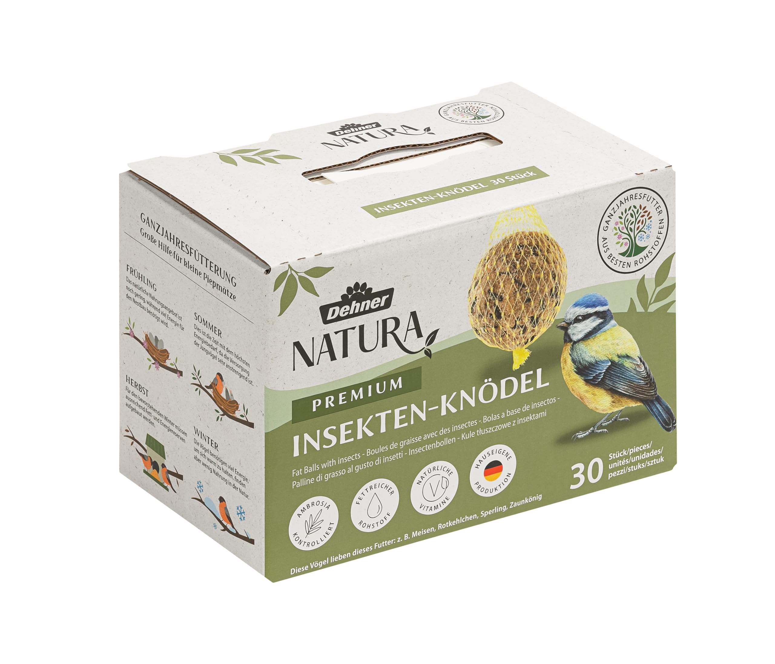 Dehner Natura Premium - Bola de Masa para carbonero con Red, Bolas de Insectos, alimento para Aves Silvestres Durante Todo el año, Rico en proteínas, Alto en energía, 30 Unidades de 90 g (2,7 kg),
