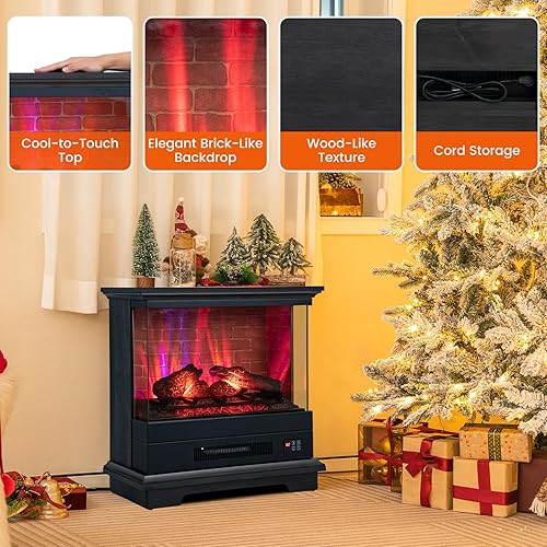 Miniatura 8 de ORALNER Chimenea eléctrica de 27 pulgadas con chimenea, vista de vidrio de 3 lados, caja de fuego envolvente de madera, calentador de chimenea