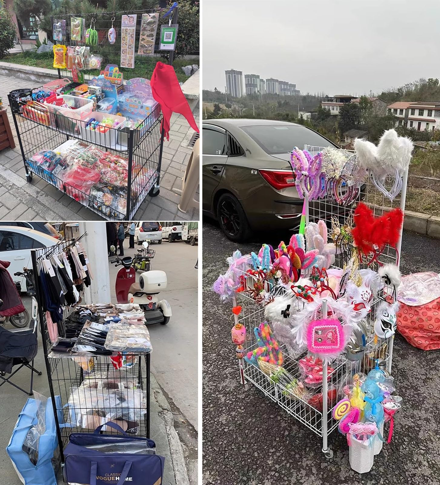 Puesto de Mercado Carritos de Comida Plegables de Metal Con Ganchos, Carrito Portátil para Puestos de Comida con Ruedas, Puesto de Venta Ambulante de Perritos Calientes Al Aire Libre(Black,Width-80cm(