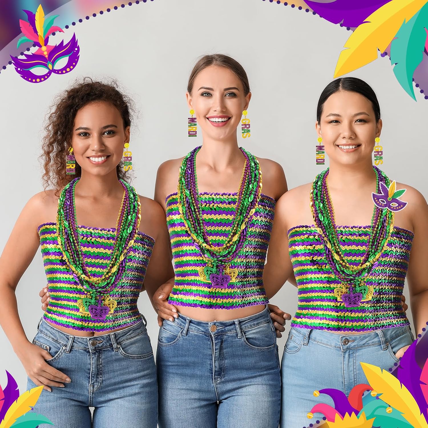 Civaner 16 Pcs Mardi Gras Costume Accessory Outfit Set for Women Include 1 Sequin Tube Top 14 Pcs Mardi Gras Beads Necklaces and 1 Pairs Earrings for Carnival Parades Party Favor Women - Image 3