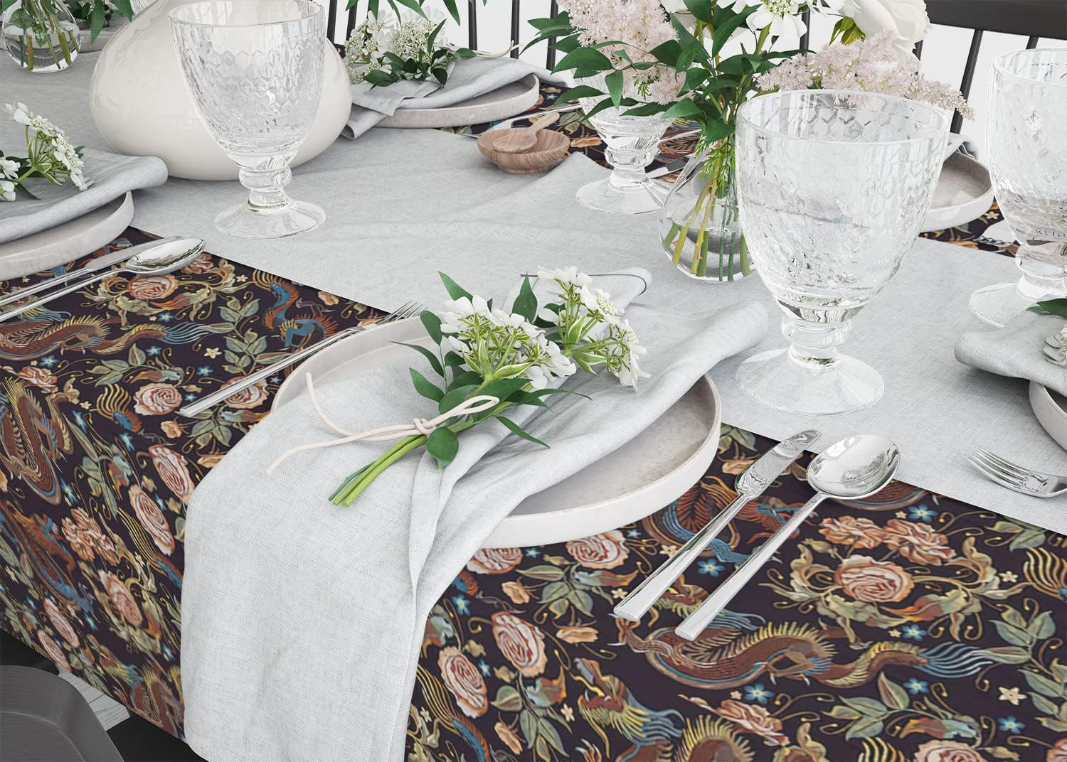 Embroidery Vintage Chinese Dragons Flowers Pattern Pattern - Rectangle Oblong Linen Tablecloth, 60" x 102" inches Washable Decorative Table Cloth