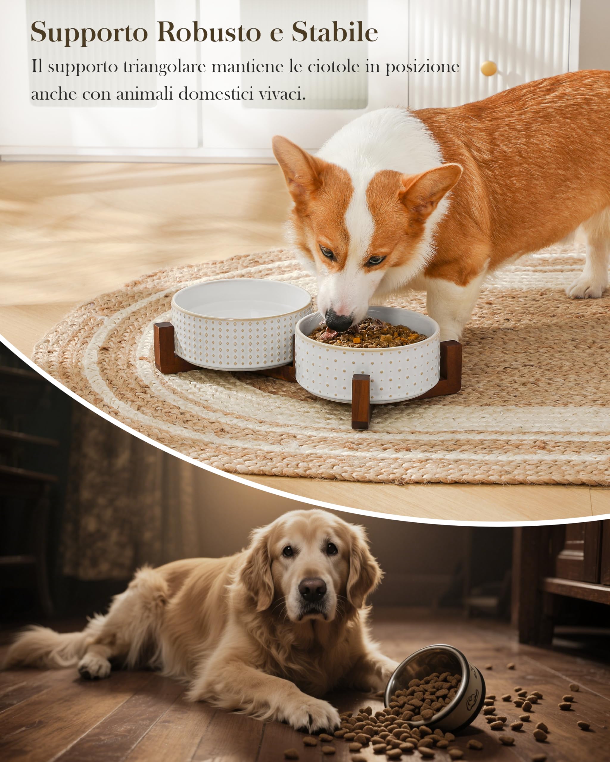 MALACASA Set di ciotole per cani, ciotole in ceramica con supporto in legno di noce, 3,5 tazze | Design a rombi e pois, base antiscivolo, per cani e gatti, circa il 26% più pesante rispetto alle ciotole in ceramica simili