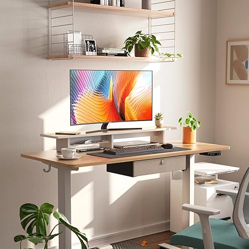 Miniatura 2 de FEZIBO Soporte para monitor dual de 43 pulgadas con bandeja para bolígrafos, estante de escritorio de madera maciza con patas de corcho ecológico