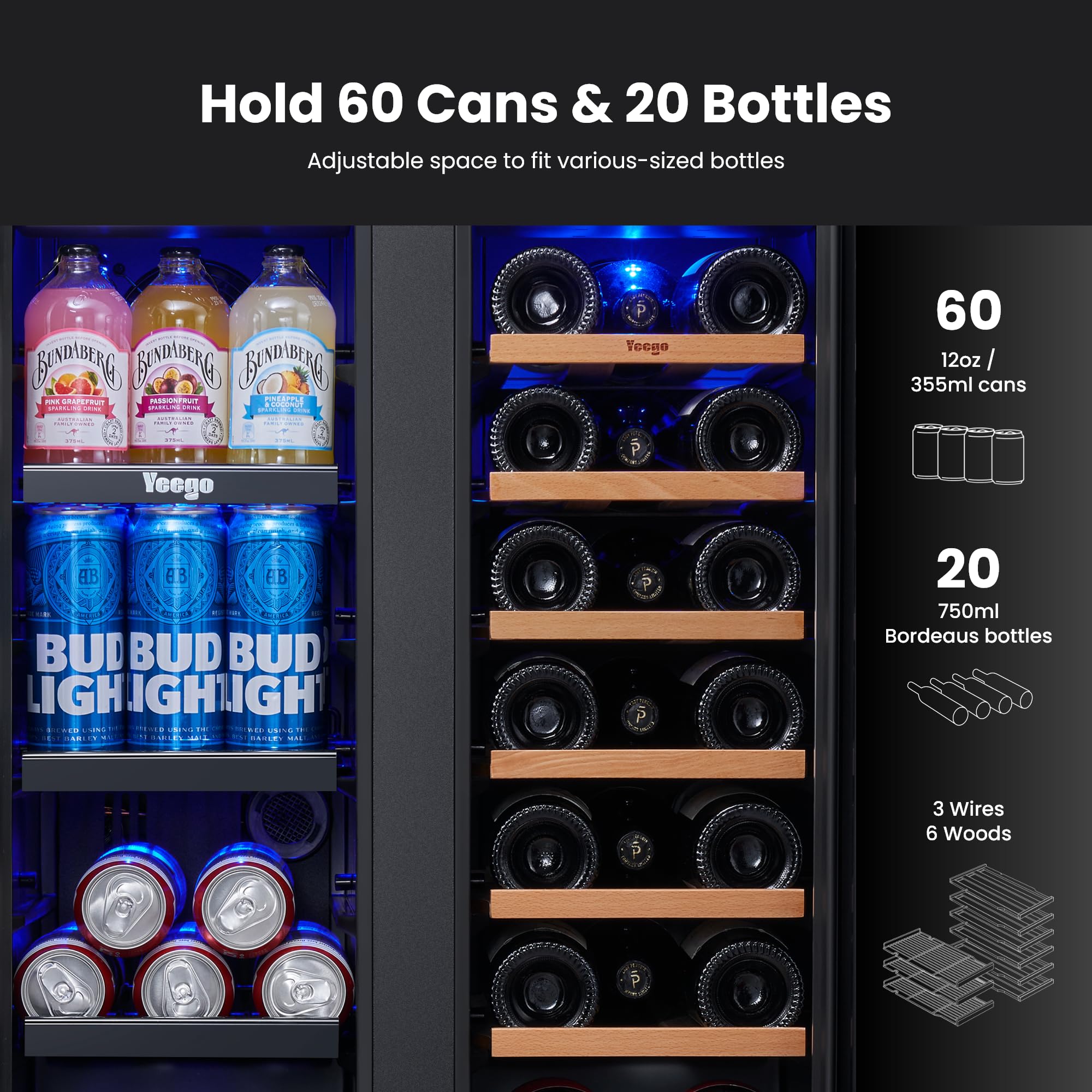 YEEGO Wine And Beverage Refrigerator, 24 Inch Dual Zone Wine Fridge With Glass Door, 36-72℉ Beer Cooler Holds 20 Bottles And 60 Cans, Built-In Or Freestanding Beverage Cooler For Home Bar Office on Fridge.com - View 5