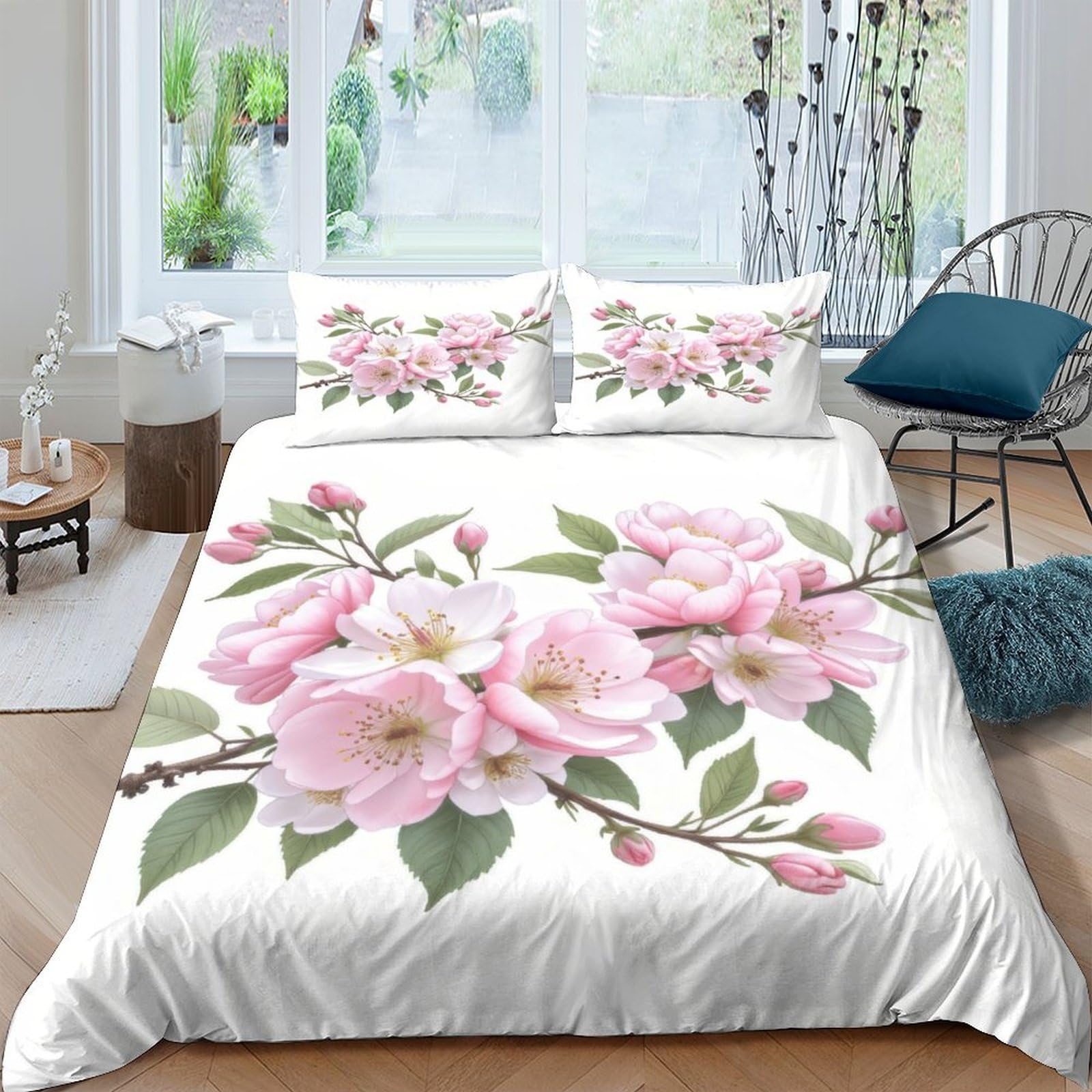 GPLZQXKJNH 3D Printed Pink Blossom Duvet Cover Microfiber Soft Floral Branch Bedding Set with 2 Pillowcases for Bedroom Decor Single（135x200cm）