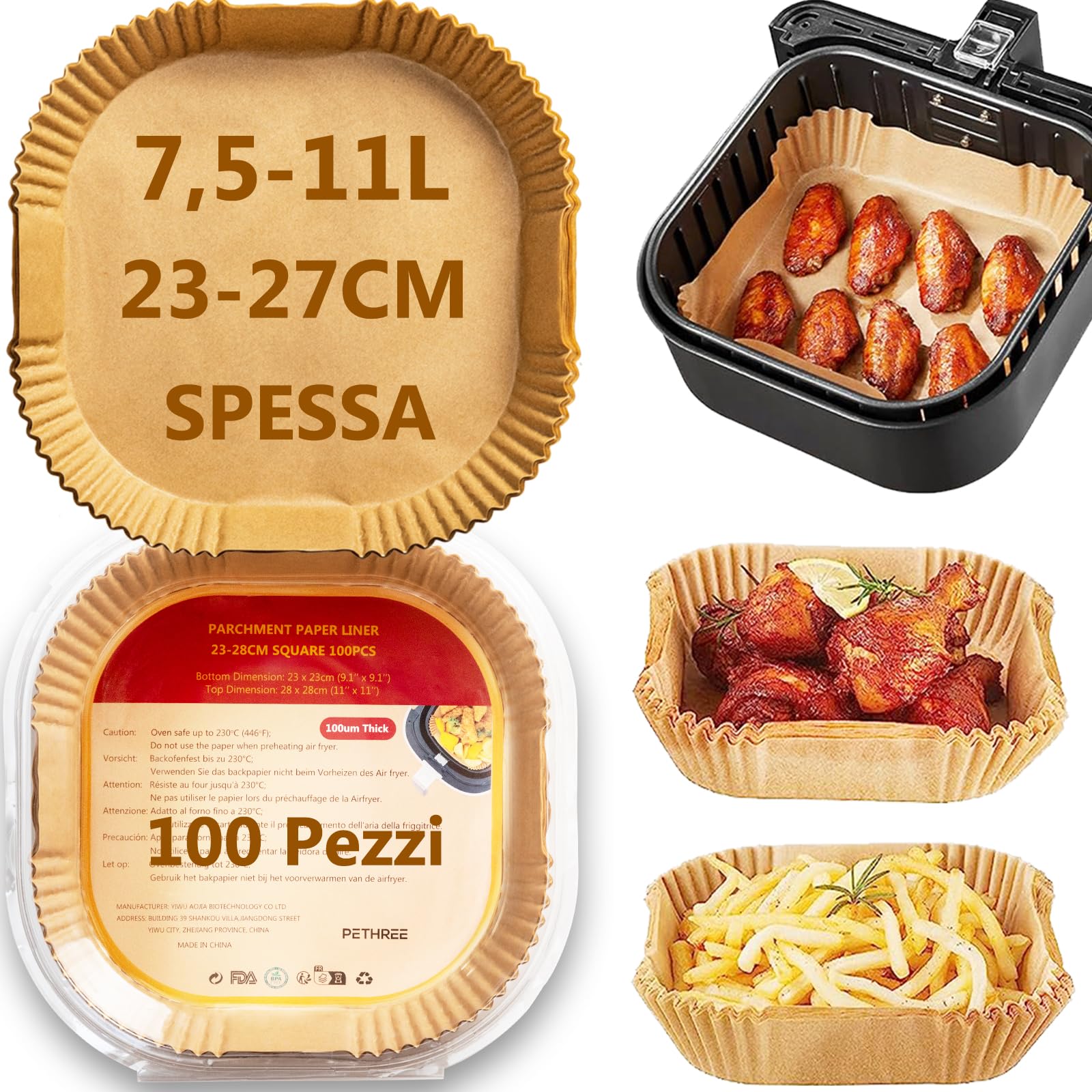 Carta Forno per Friggitrice ad Aria 8-10L XXL, 100 Pezzi Senza BPA 23-27cm Carta Spessa Accessori Contenitori Fogli Vaschette Air Fryer Paper Quadrata Impermeabile Antiolio