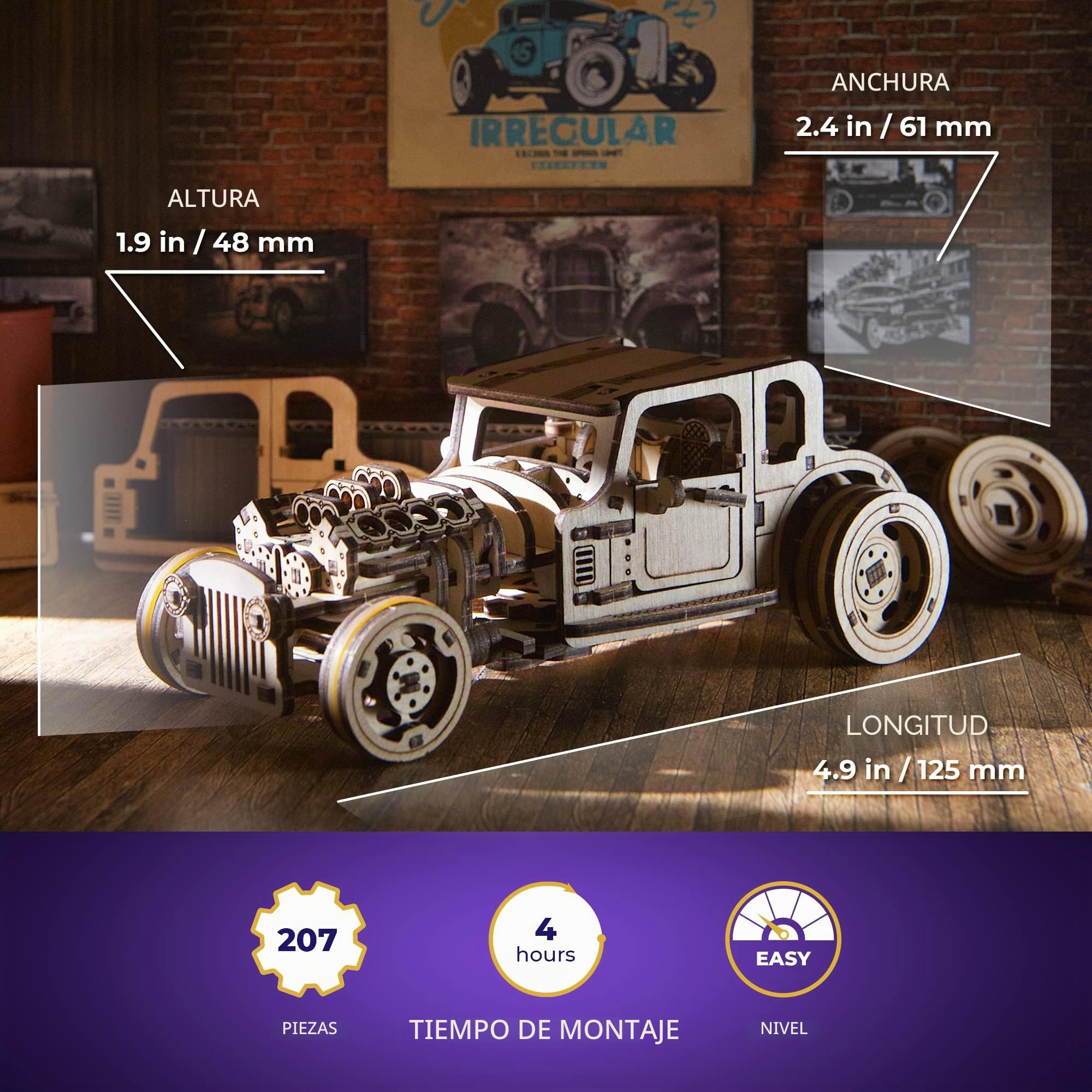 UGEARS Hot Rod El Ratón Furioso - Maquetas de Coches para Montar - Kits de Coche Puzzle 3D Madera para Adultos - Set de Rompecabezas Adultos Ideal para Aficionados a Coches Clásicos