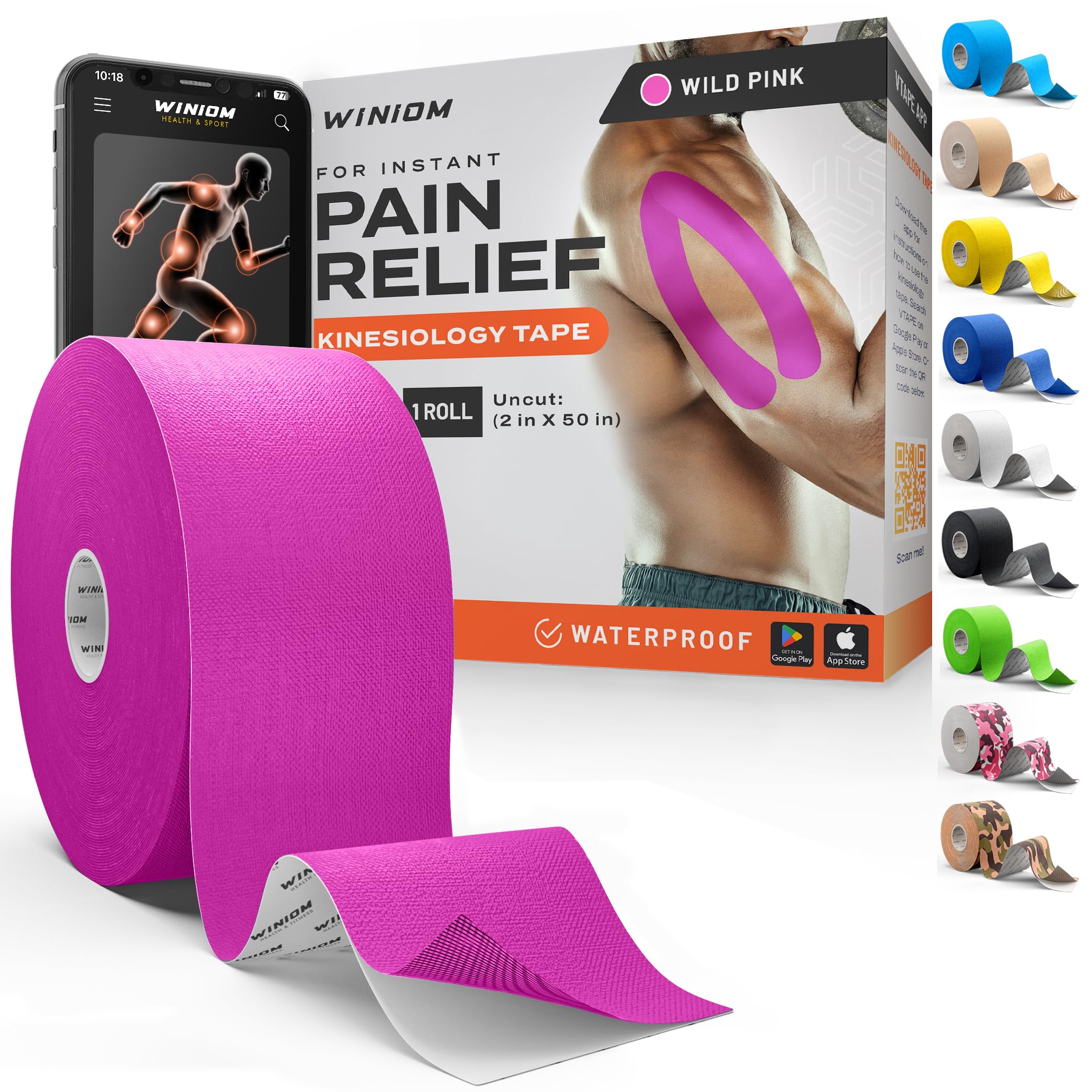 Kinesiology Tape - Waterproof Athletic Tape, Uncut Roll 2"x50ft