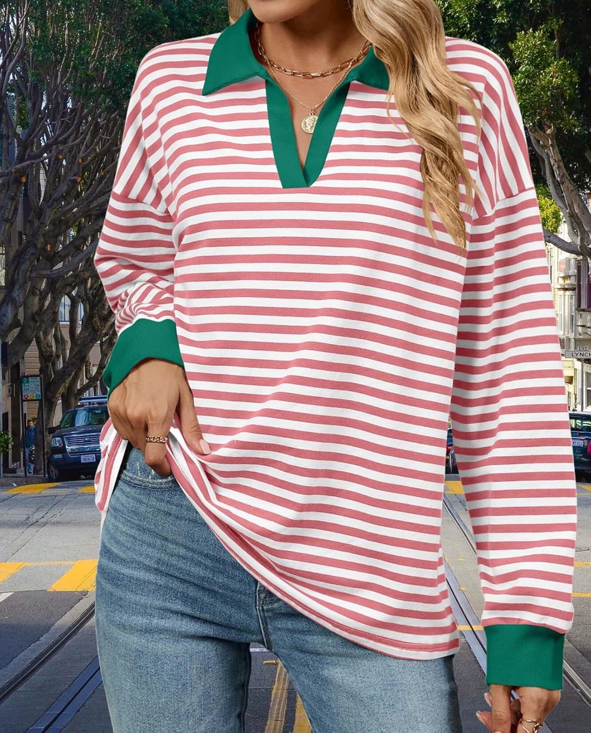 Womens Colorblocking Stripe Long Sleeve Lightweight Casual Sweatshirt Fall Winter Comfortable Casual - Image 6