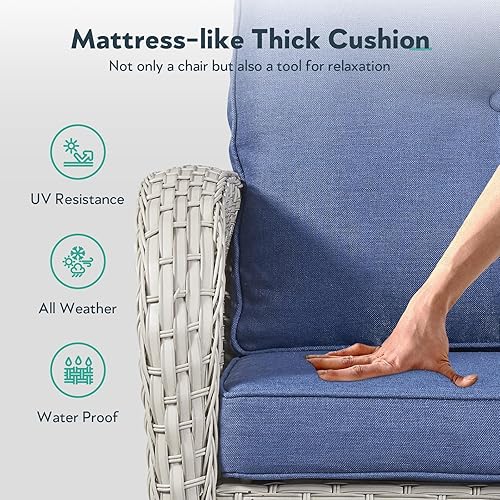 Miniatura 5 de Mecedora para patio mecedora de mimbre para exteriores con cojín extraíble, capacidad de peso de 300 libras, asiento mecedor de ratán para balcón,