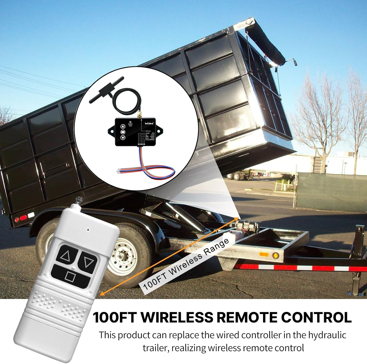 briidea Wireless Dump Trailer Remote Control – Compatible with 3-Wire & 4-Wire Hydraulic Trailer Controllers, 100FT Range, Low Voltage Protection, Easy Adhesive Installation