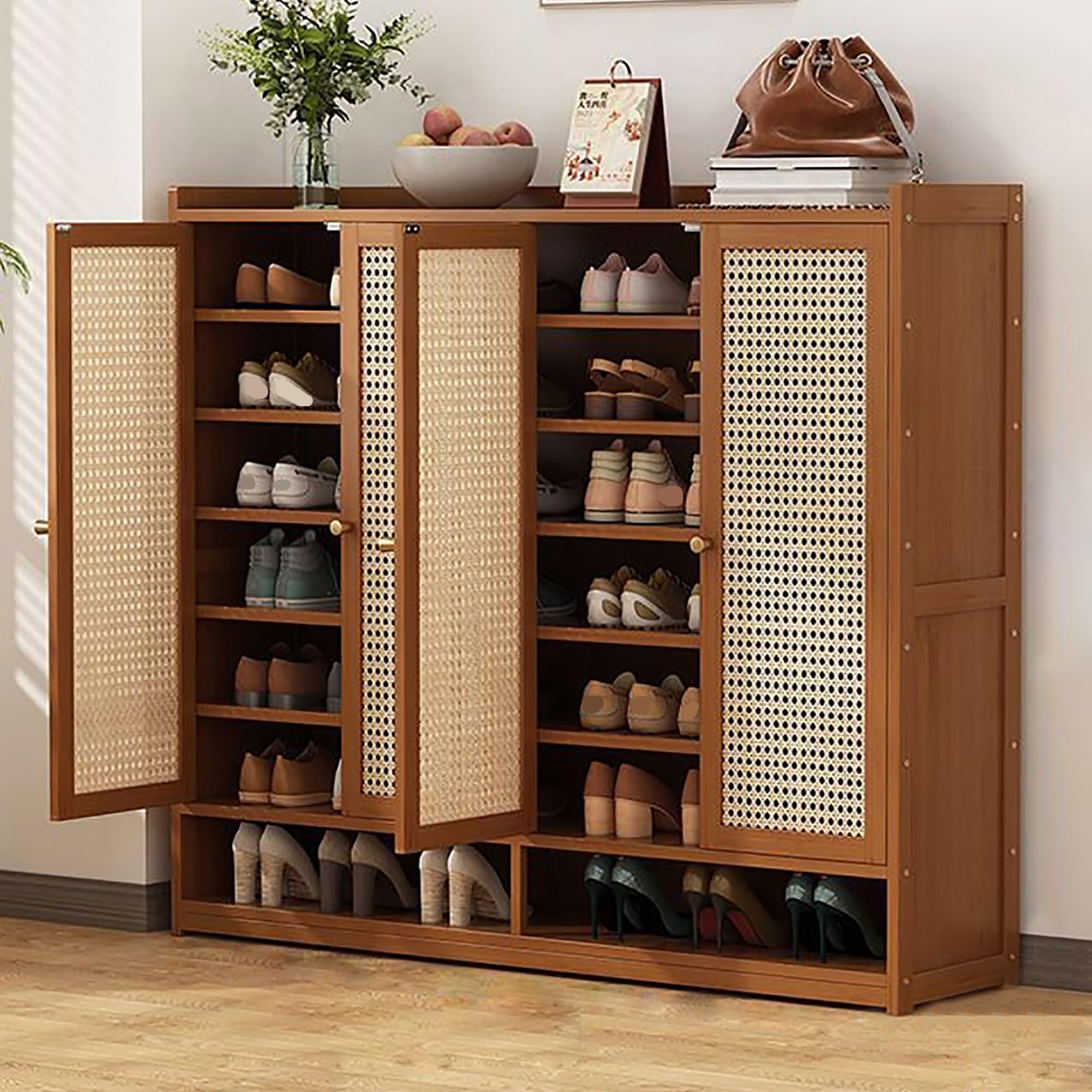 Brown Shoe Organizer For Entryway, Hidden Shoe Cabinet, Shoe Cabinet With Doors, Rattan Cabinet, Sideboard Storage Cabinet With Crafted Rattan Front, Adjustable Shelves Rustic Oak (Color : Size : 4