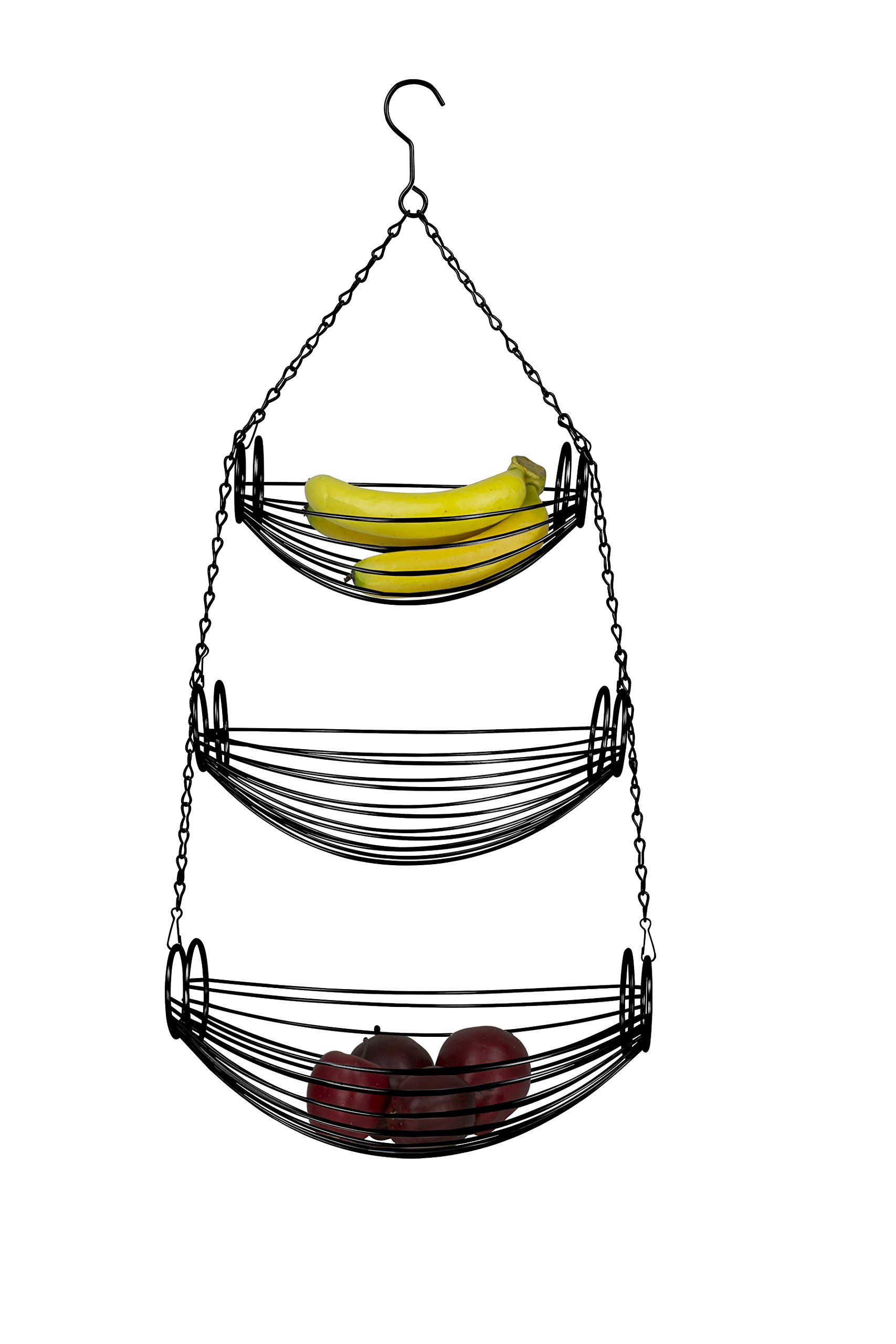 Home Basics 3-Tier Adjustable Chrome Heavy Duty Wire Hanging Fruit or Vegetable Kitchen Storage Baskets, Black Finish, Hammock Style