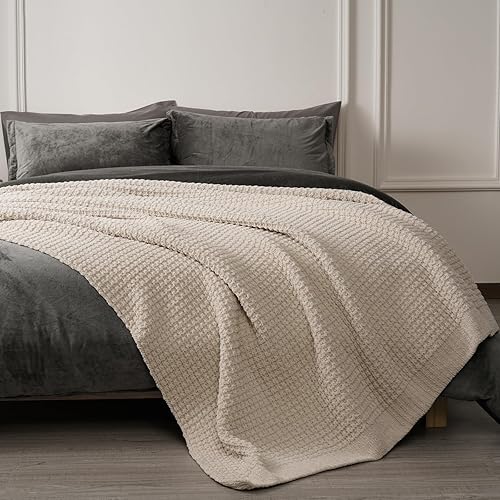 Miniatura 5 de PHF Manta de punto gofre de felpilla, cálida y acogedora de 50 x 60 pulgadas, ultra suave, gruesa y esponjosa, para sofá y cama, color natural