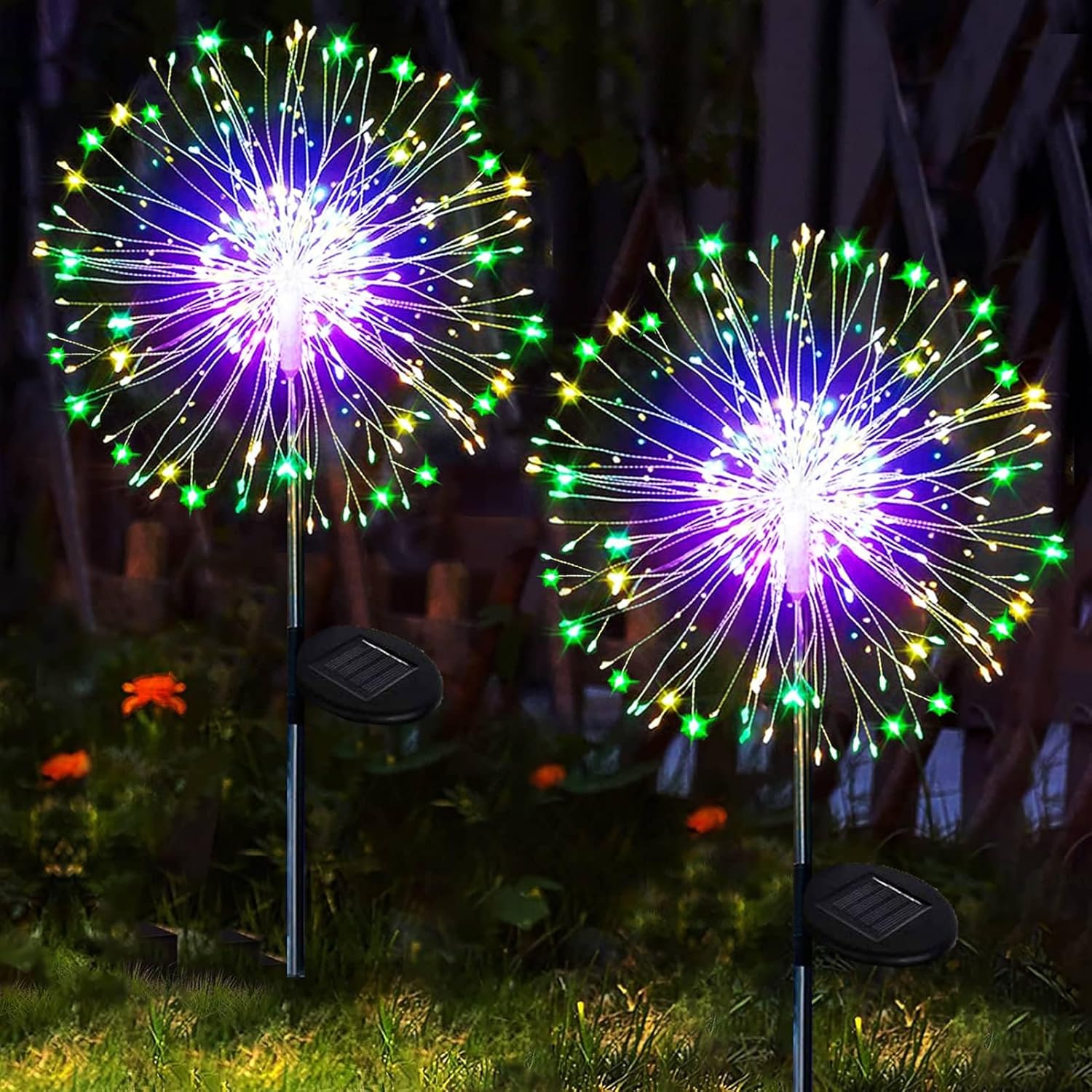 yowin Solar Lights Outdoor Garden 2 Pack 120 LED Firework Solar Stake Lights, 8 Modes Starburst Light Waterproof Garden Ornaments with Copper Wire for Pathway Balcony Decorations – Multi-Coloured