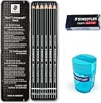 Mars Lumograph Black Artist Wooden Lead Pencil - Box of 6 (8B 7B 6B 4B 2B HB) in Metal Box with Tub 2-Hole Sharpener and Eraser