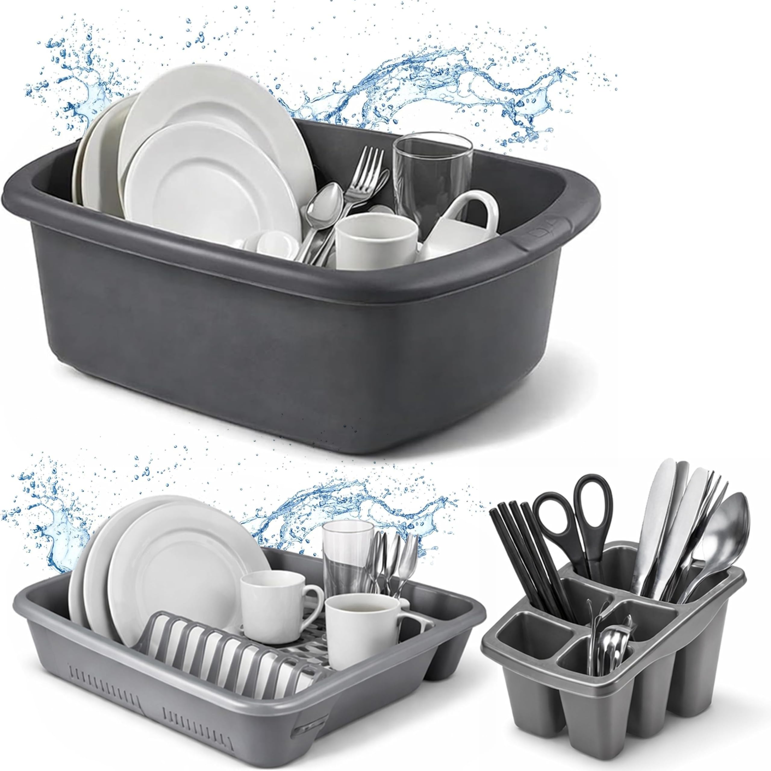 Ploutos World Wide Washing Up Bowl Set of 3 – Rectangular Plastic Sink Bowl with Cutlery Holder Caddy and Dish Drainer Rack, Kitchen Sink Organiser Accessories (Grey)