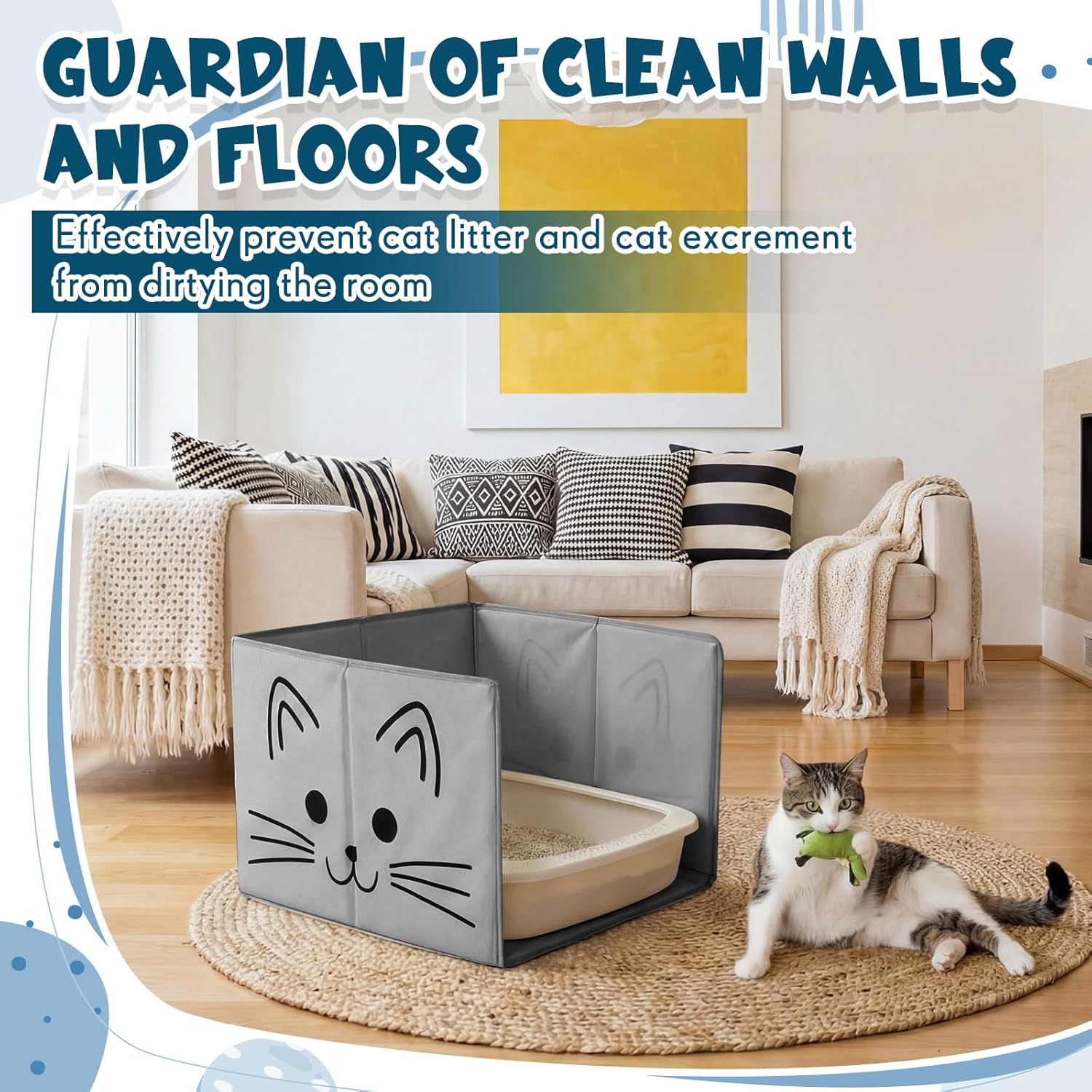 27.8"L×19.5"W×16.93"H Foldable Cat Litter Box Enclosure Splash Guard with Removable Mat, Cat-print Casing, Large High Sided for Litter Pan Water Resistant Easy Clean Anti-leakage Pee Shields