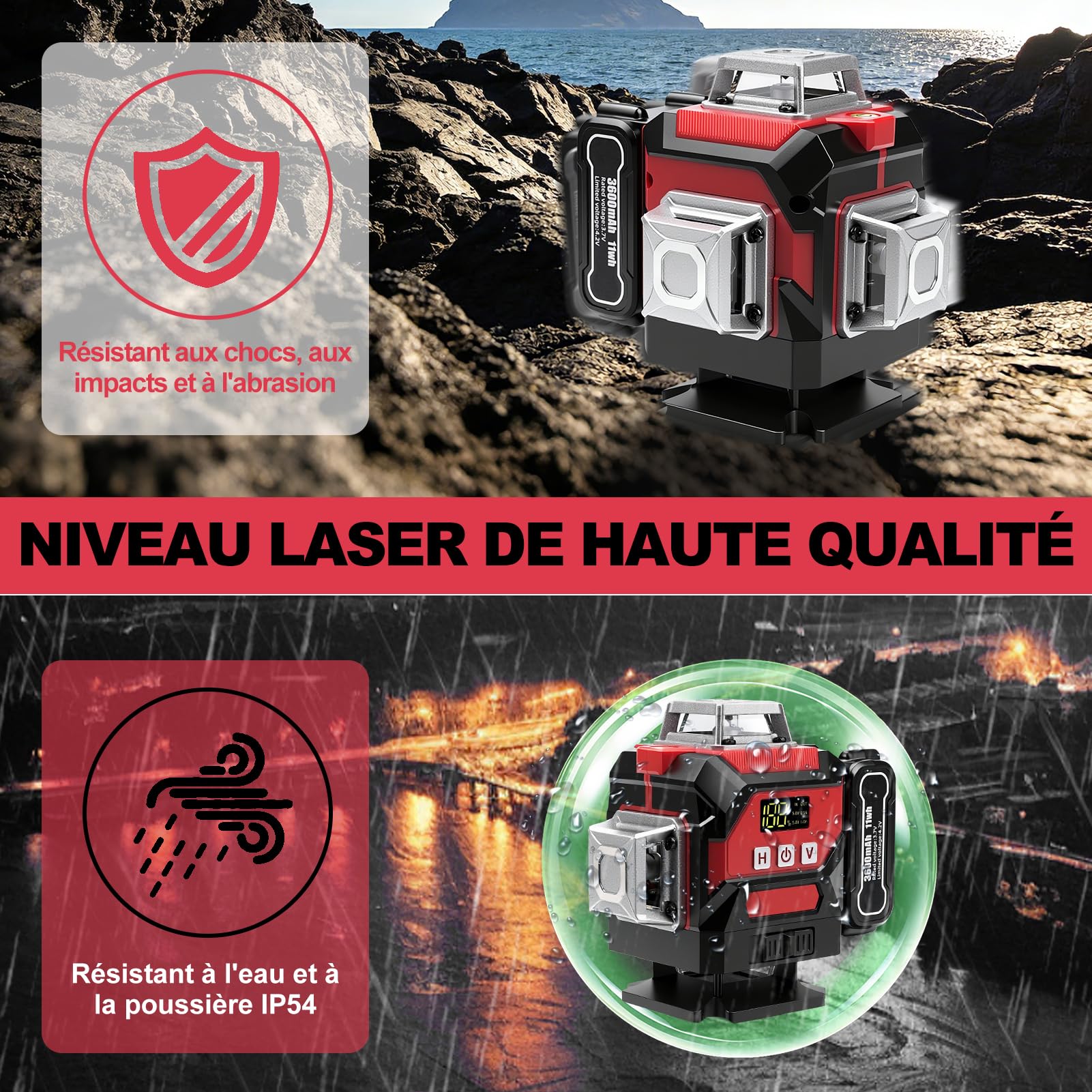 Niveau Laser 360 Autonivelant, 4D 16 lignes vertes Laser à lignes croisées avec trépied, Laser Chantier pour chantier intérieur, 3600 mAh x 3 batteries rechargeables