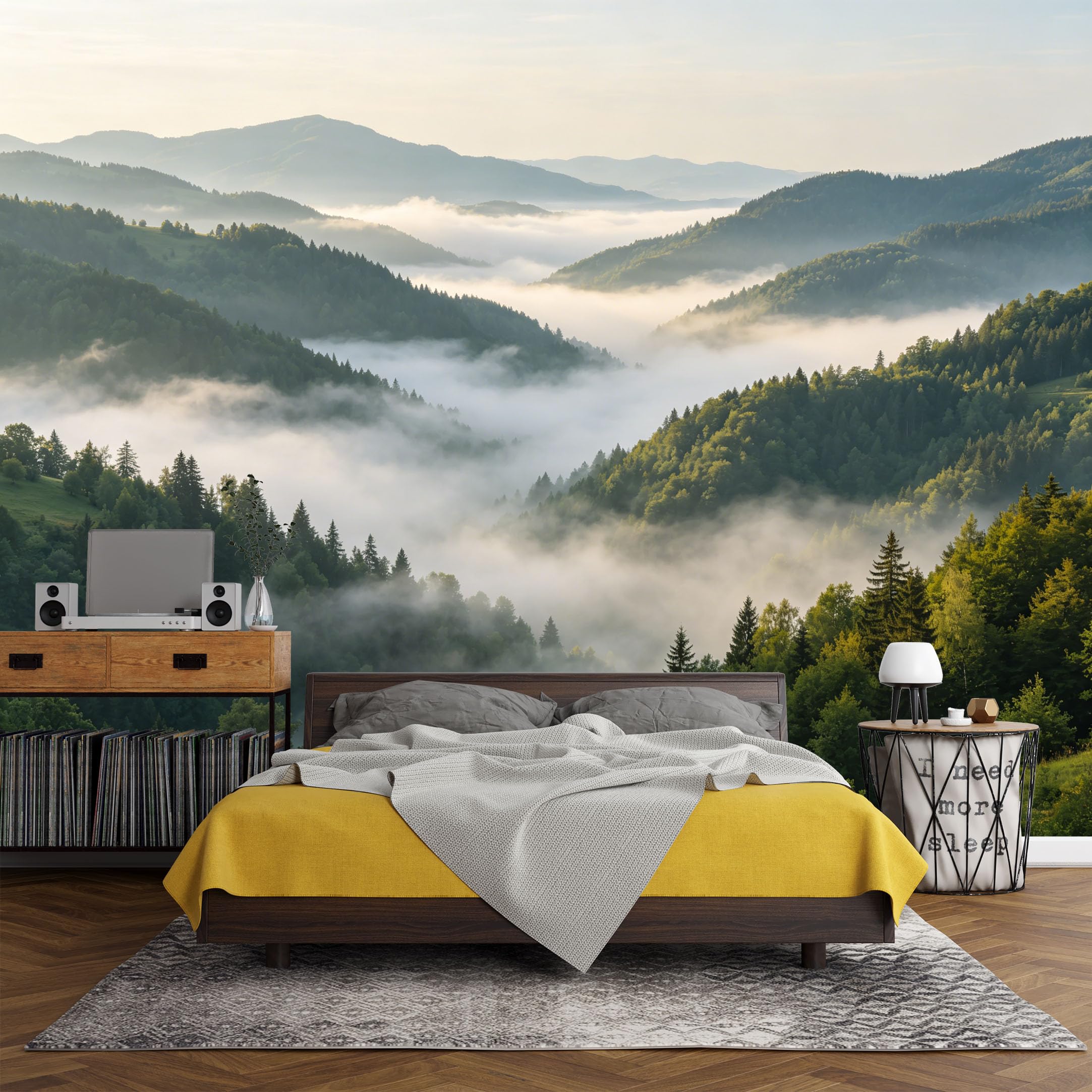 Custom Size Wall Mural， Mountain Lake Misty Forest Landscape Nature Scenery，SelfAdhesive Art Prints wall Fabric (No PVC) Removable Wallpaper Living Room Decor