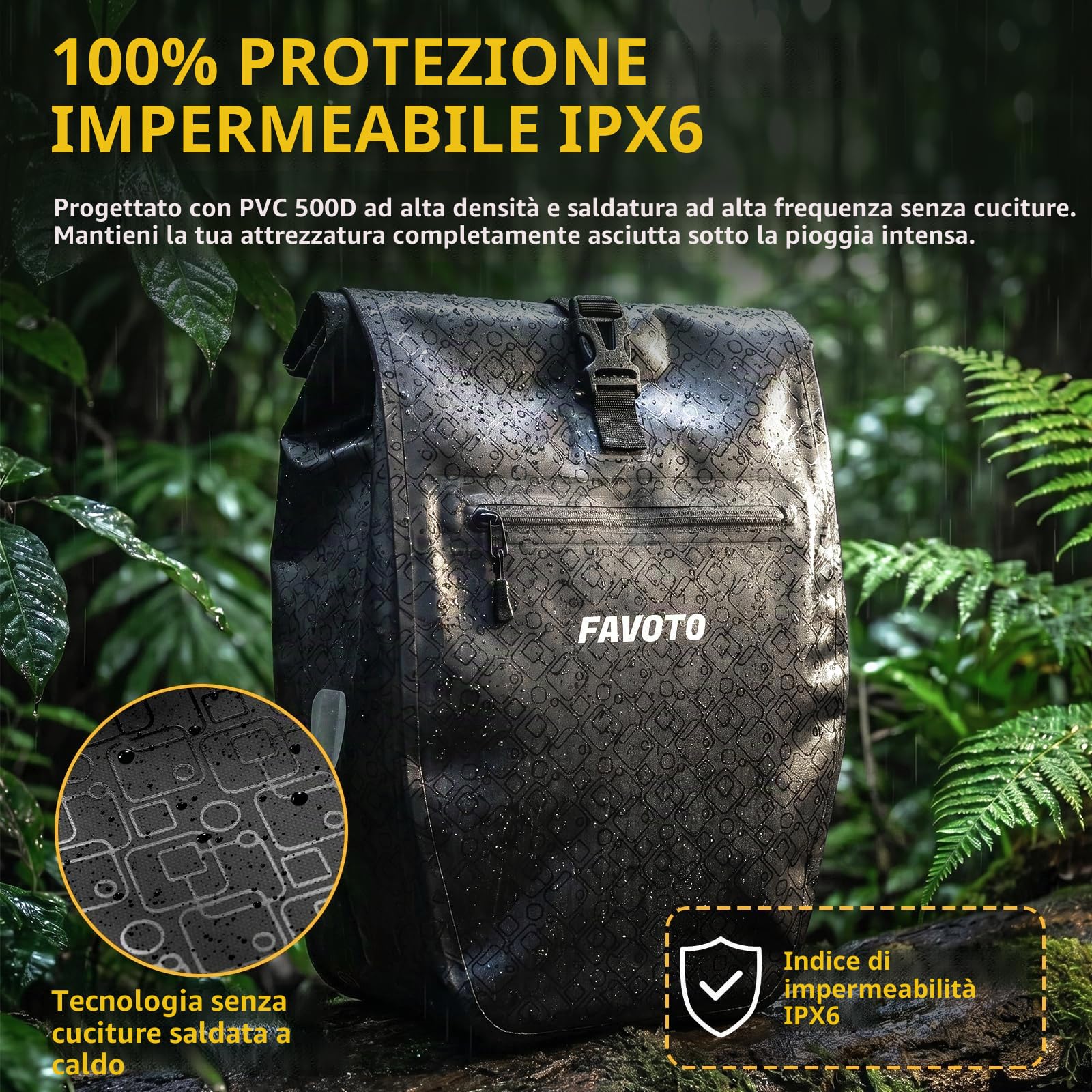 Favoto Borsa per Portapacchi Posteriore Bicicletta, 56L (2×28L) | Impermeabile, 48L, design riflettente e sgancio rapido con borsa interna. Adatta per bici elettriche e mountain bike