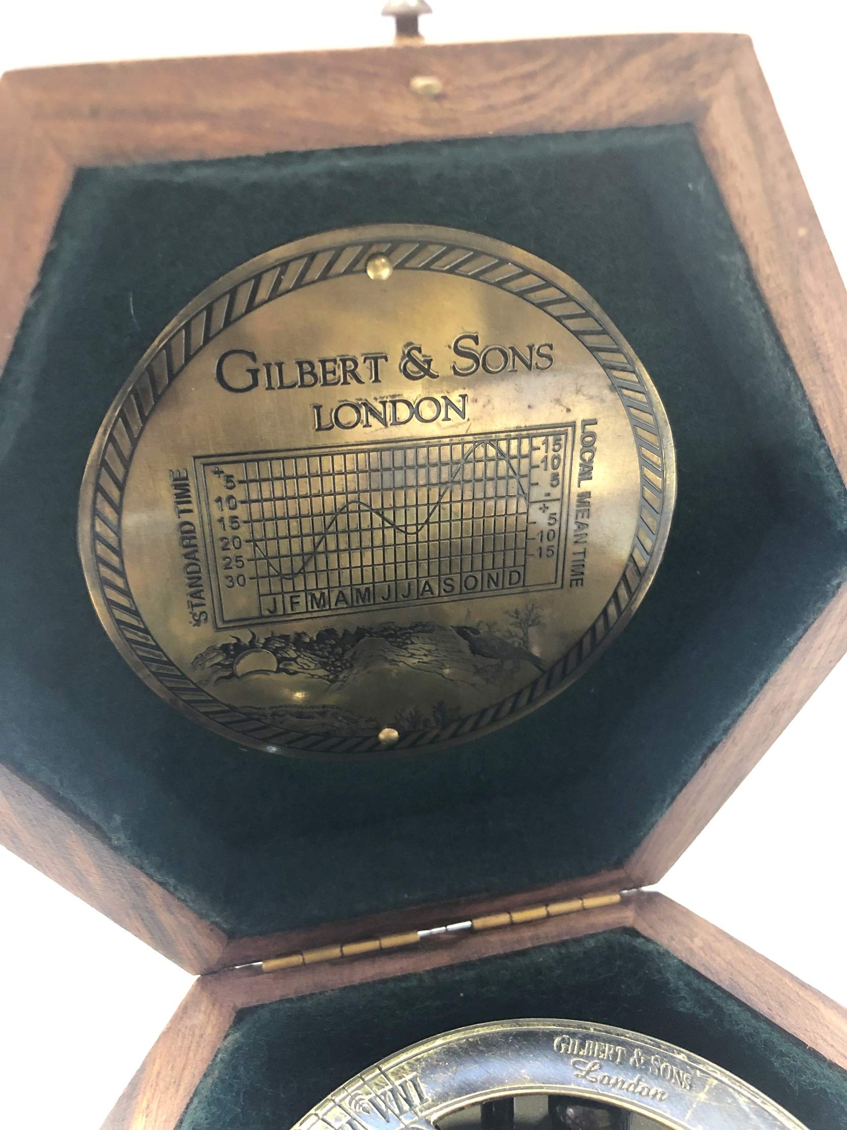 Antique Brújula de navegación de latón con caja de madera con grabado náutico redondo Gilbert & Sons London Compass de 7,62 cm