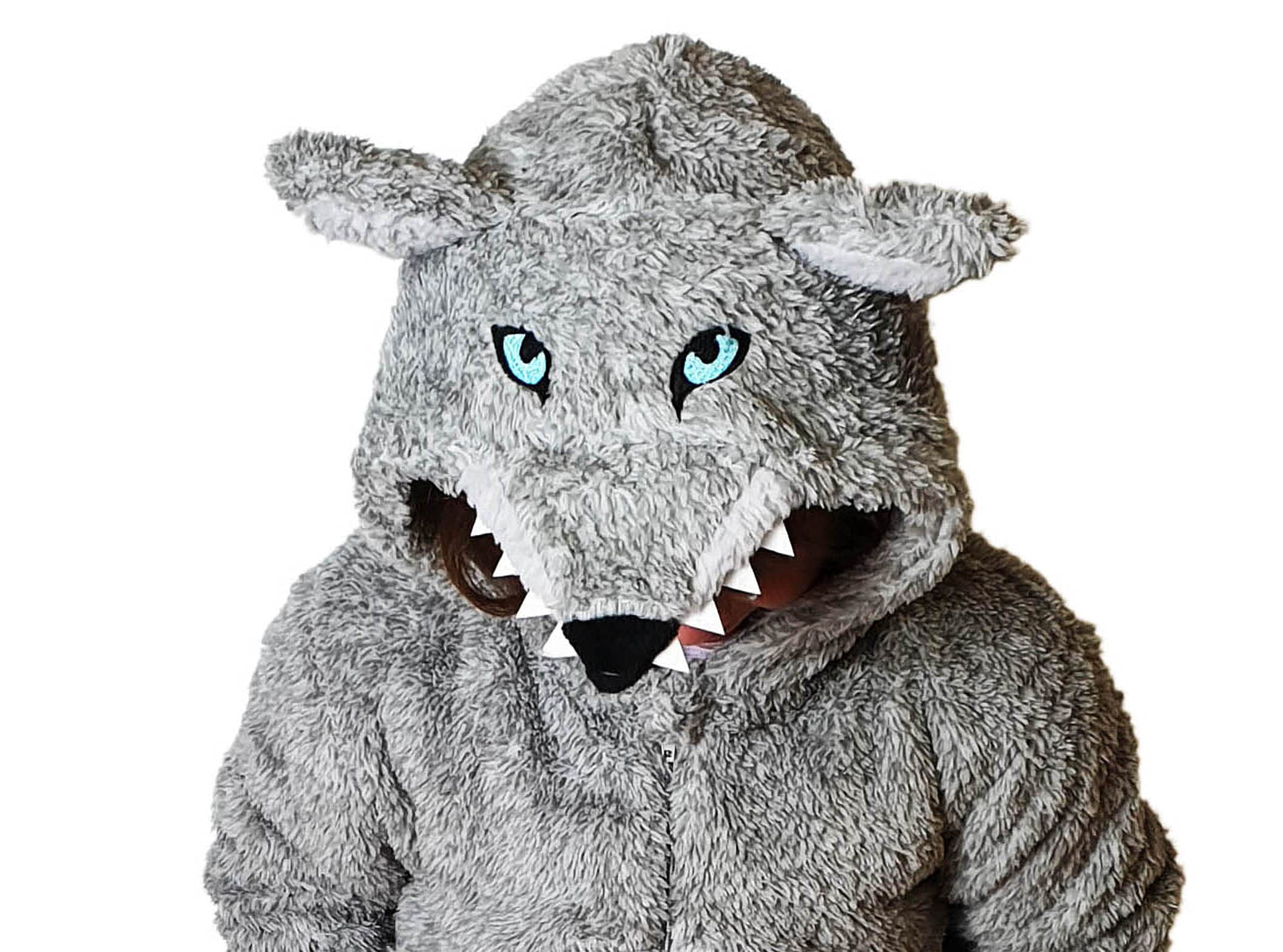 Einteiler für Jungen oder Mädchen, flauschiger grauer Wolf mit Schwanz, superweiches Fleece-Kostüm, AllinOne für Kinder, Alter 2–13 Jahre