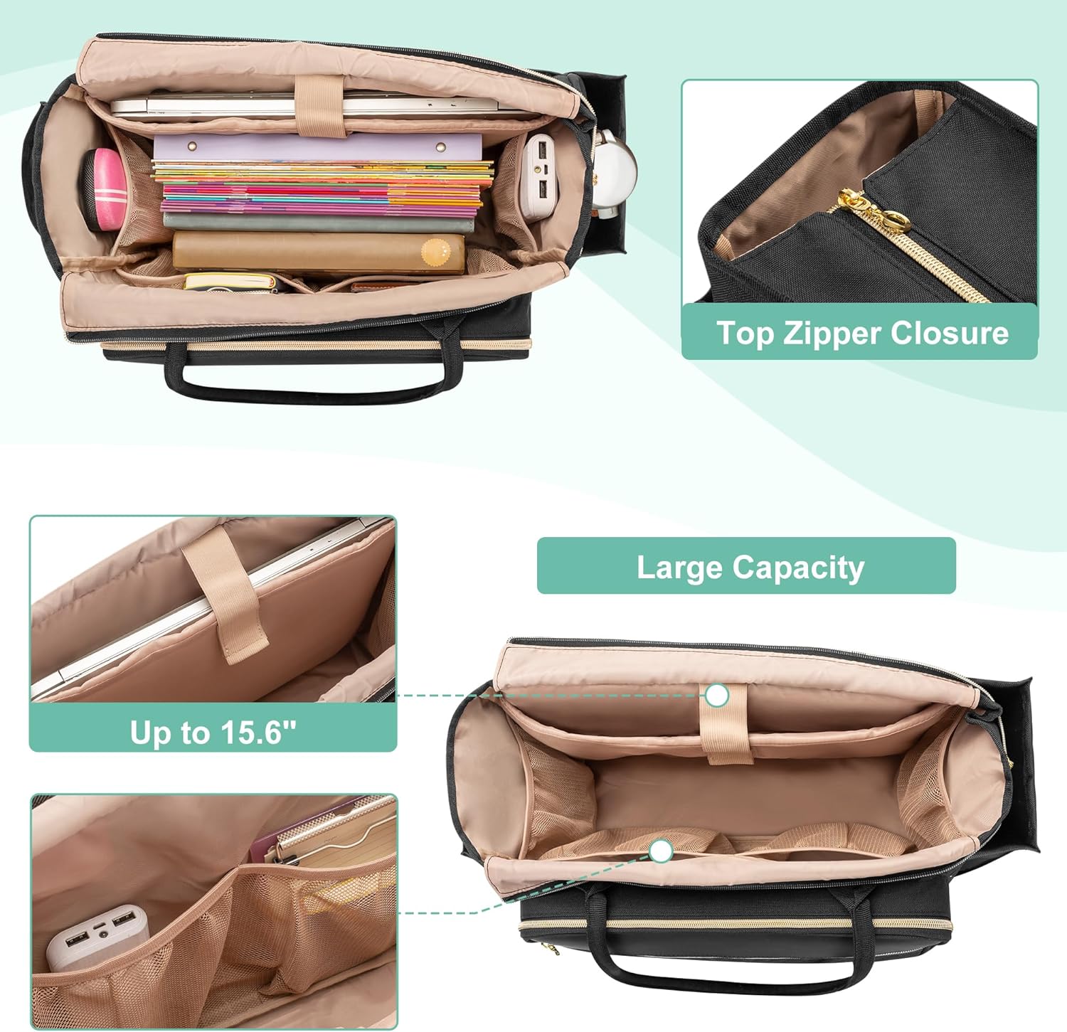 LUXJA Teacher Tote Bag with Accordion File Pocket, Teacher Bag for Women with 15.6 Inch Laptop Compartment, Black - Image 4