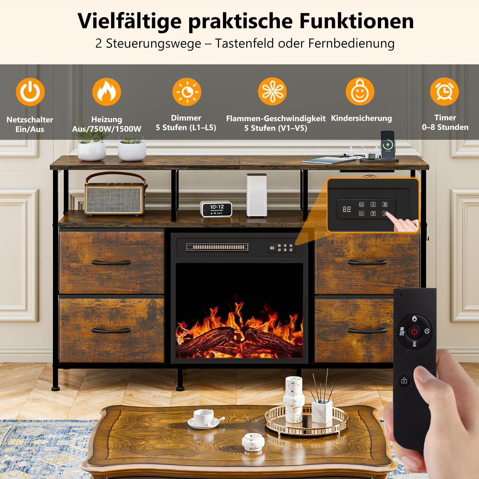 Waleaf TV Schrank, TV Lowboard mit 18 Zoll Elektrokamin, 3D Flammeneffekt & Heizung, LED Beleuchtung, 4 Stoffschubladen, Steckdosen & USB Buchse, Fernsehtisch für Fernseher bis zu 55 Zoll, Wohnzimmer