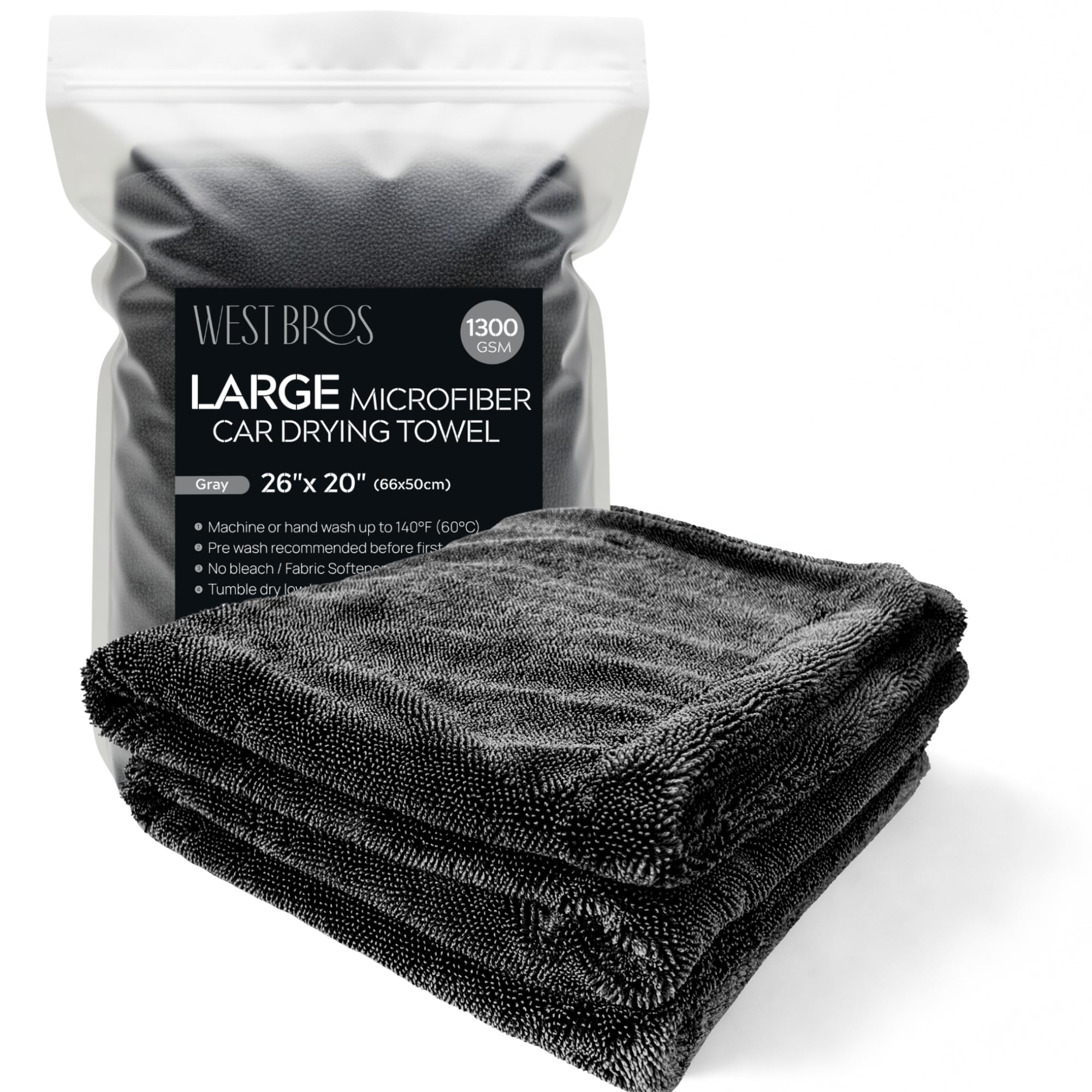 West Bros Gray Large Microfiber Car Drying Towel 1300 Gsm Double Twist Pile 51 X 66 Cm - Premium Auto Wash Towel For Cars Trucks Suv - Super Absorbent Detailing Cleaning Cloth, 1-Pack