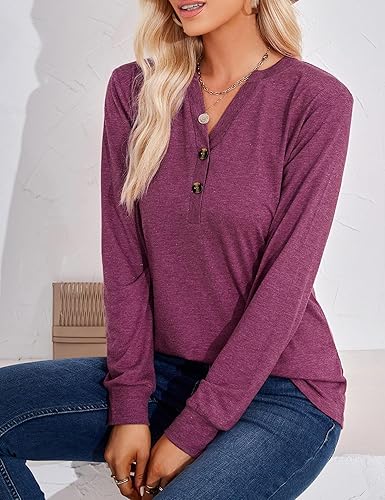 Terecey Henley T-shirt voor dames, lange mouwen, elegant, comfortabel, V- hals, zacht, ademend, casual top voor herfst en winter, Bruin, S