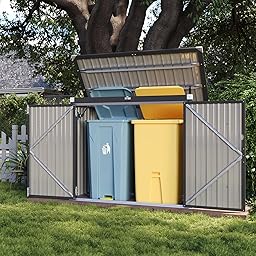 Aoxun 150x117x80 Metall Gerätehaus, Mülltonnenbox für 2 Tonnen, Wetterfester Gartenschrank mit Kettenzug-Deckel & Gasdruckfeder, zu öffnende Front- & Top-Türen, Schwarz