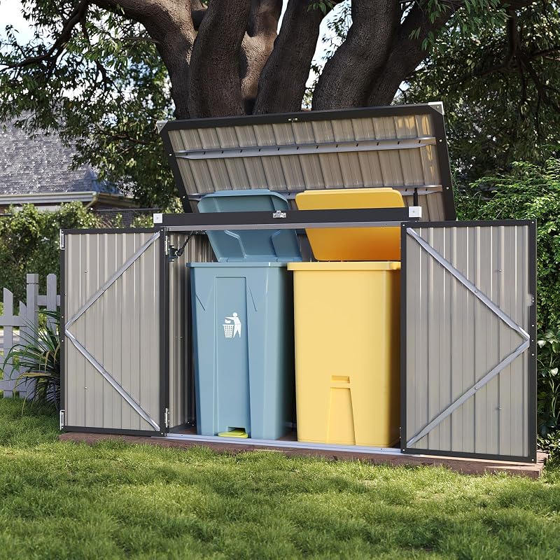 Aoxun 150x117x80 Metall Gerätehaus, Mülltonnenbox für 2 Tonnen, Wetterfester Gartenschrank mit Kettenzug-Deckel & Gasdruckfeder, zu öffnende Front- & Top-Türen, Schwarz