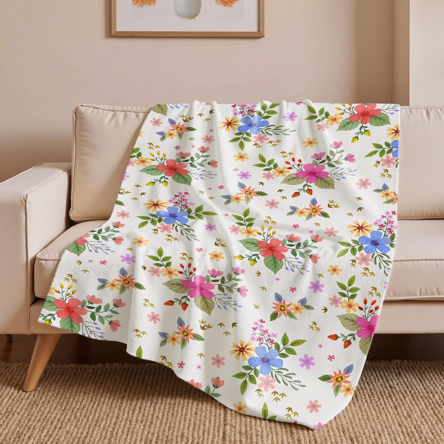 Wajade Floral Throw Blanket Birthday Gift for Women Mom Girls Flowers Blanket Watercolor Flannel Blanket Wildflower Printed Throw for Couch Sofa Bed Chair 50"x60" - Image 3