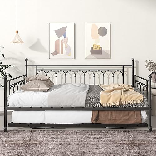 Miniatura 3 de Sofá cama individual con nido y bolsa de almacenamiento, sofá cama de metal con nido desplegable, cama de día con soporte de listones de acero, sofá