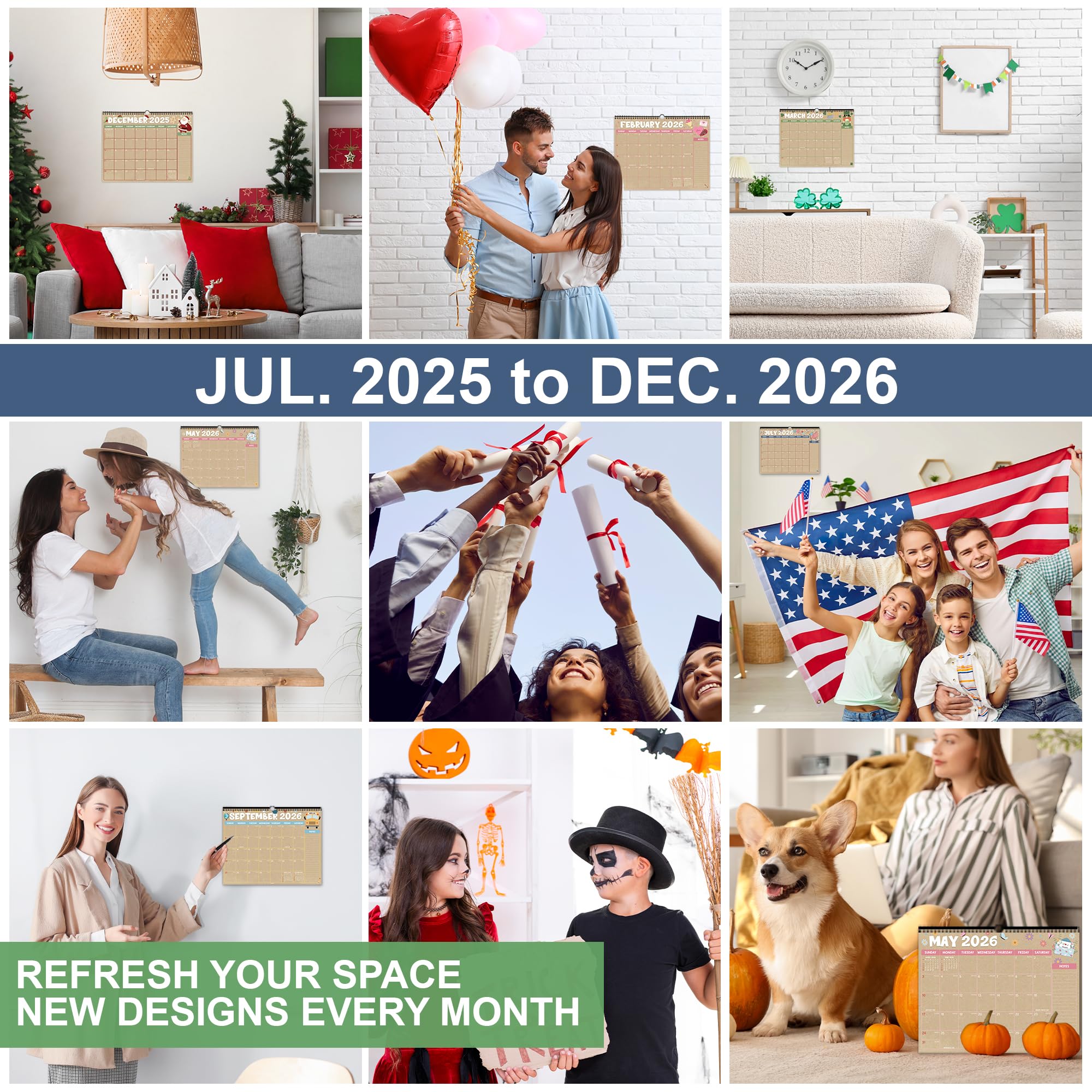 Minimalest Flip Background Kraftkalender von Juli 2025 bis Dezember 2026, Wandkalender mit Eckenschutz, Dickes Papier, Abreißseiten & Notizen, ideal für Zuhause, Büro oder Schule