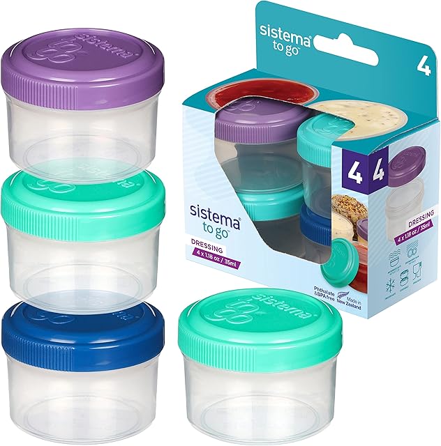 Sistema Dressing Pots TO GO, Food Container Sauce Pots with Lids, 35 ml, BPA-Free, Blue, Green, Pink & Purple Lids, 4 Count