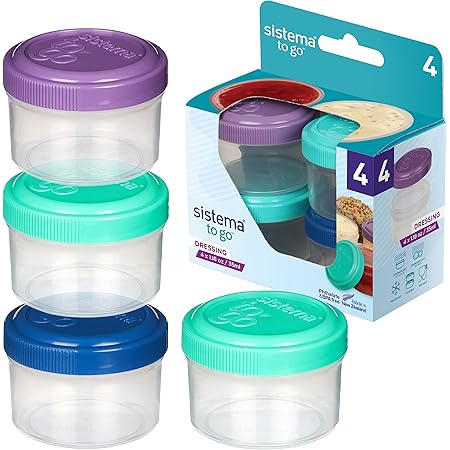 Sistema 4-Piece Salad Dressing and Condiment Containers with Lids for Lunch, Dishwasher Safe, 1.18-Ounce, Multicolor