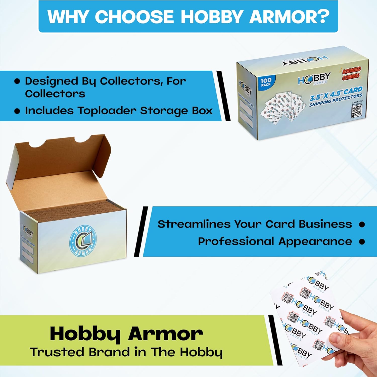 100 Pack Trading Card Shipping Protector by Hobby Armor, 3.5" x 4.5" with Rounded Corners, Vibrant Multi-Color Card Protector to Guard Cards From Dings, Premium Lightweight Cardboard Shipping Supplies