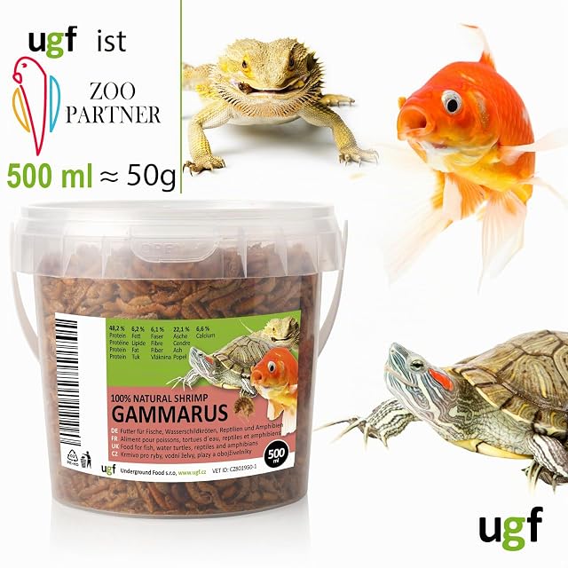 Foto 2 de 7 de UGF - Gambas de Agua Dulce deshidratadas Premium Gammarus, 50 g en un Cubo de 500 ml, alimento para Tortugas…