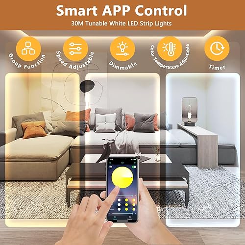 Miniatura 3 de Tira de luces LED blancas, 100 pies, regulable, brillante, 24 V, cinta de luz LED con control remoto y aplicación, 2700K-6500K blanco 1440 luces LED