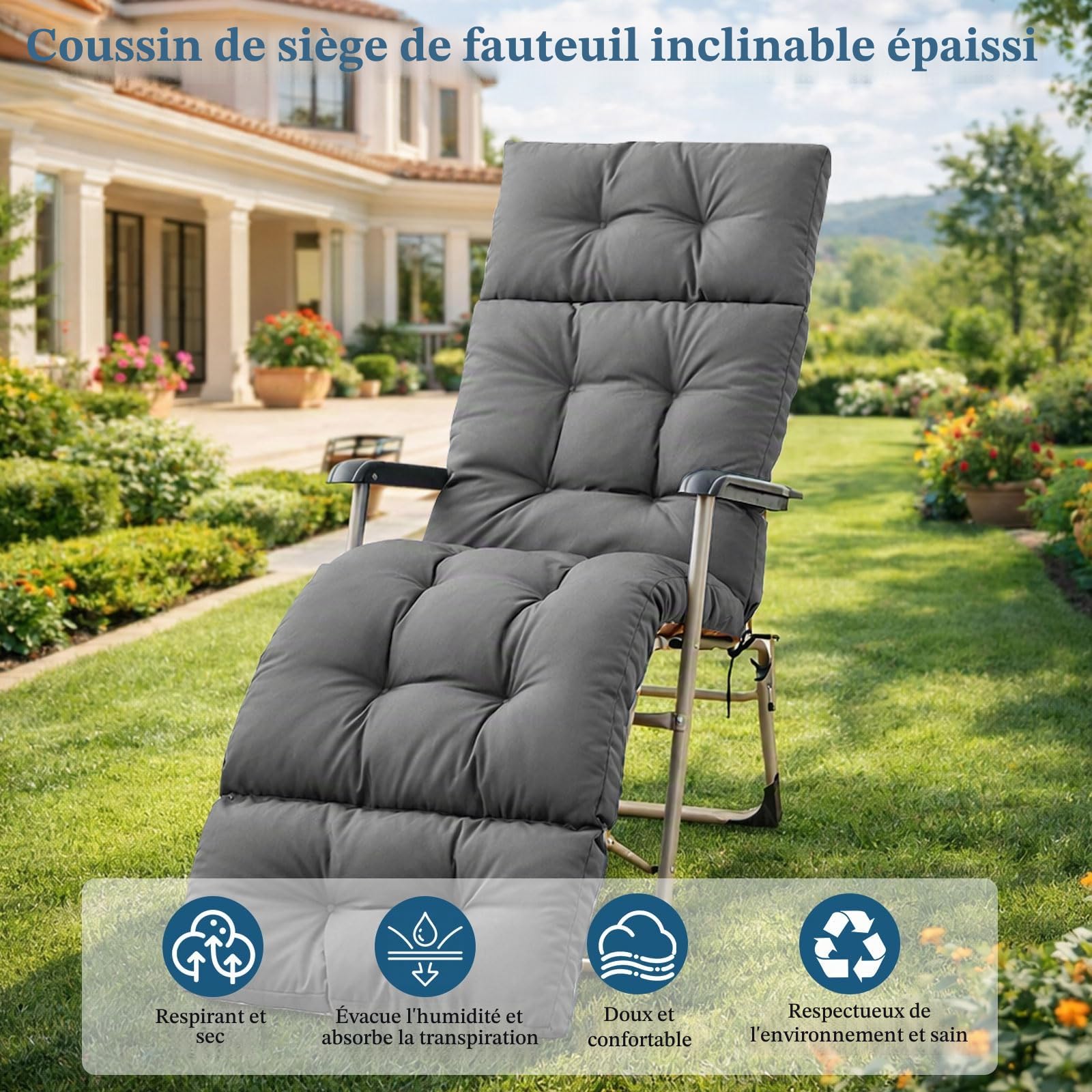 Coussin de Chaise Longue, 190x55x10cm Gris