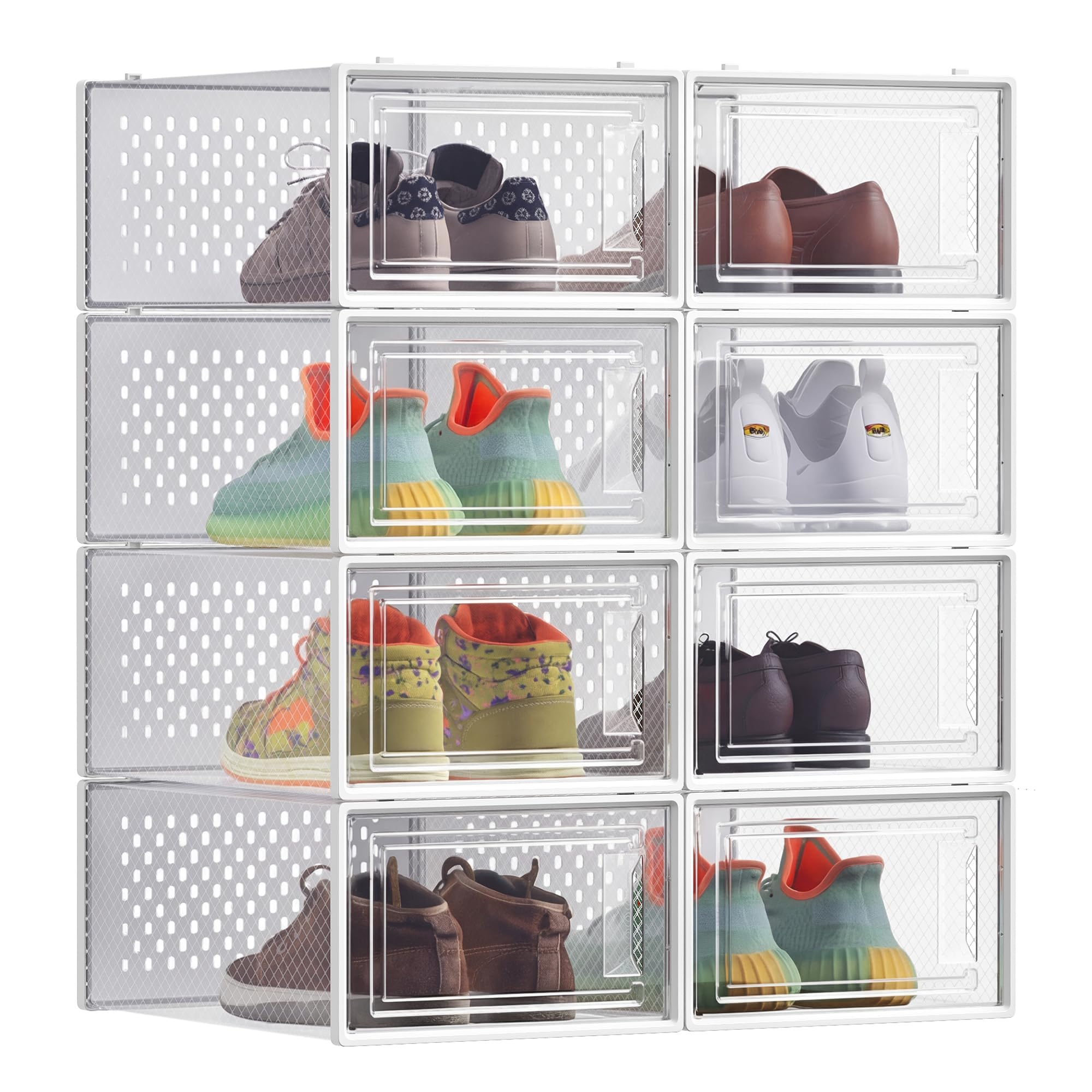 SONGMICS Shoe Boxes, Pack of 8 Stackable Shoe Storage Organisers, Foldable and Versatile for Sneakers, Fit up to UK Size 9.5, Transparent and White LSP08SWT