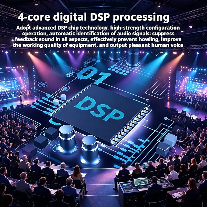 Supresor Profesional de Retroalimentación, 6 Entradas y 6 Salidas, Desplazamiento de Frecuencia Antirrugido para Micrófono, 12 Segmentos con Alta Fidelidad / Nivel 5 de Supresión Digital Antirrugido, para Sala de Música miniatura 2