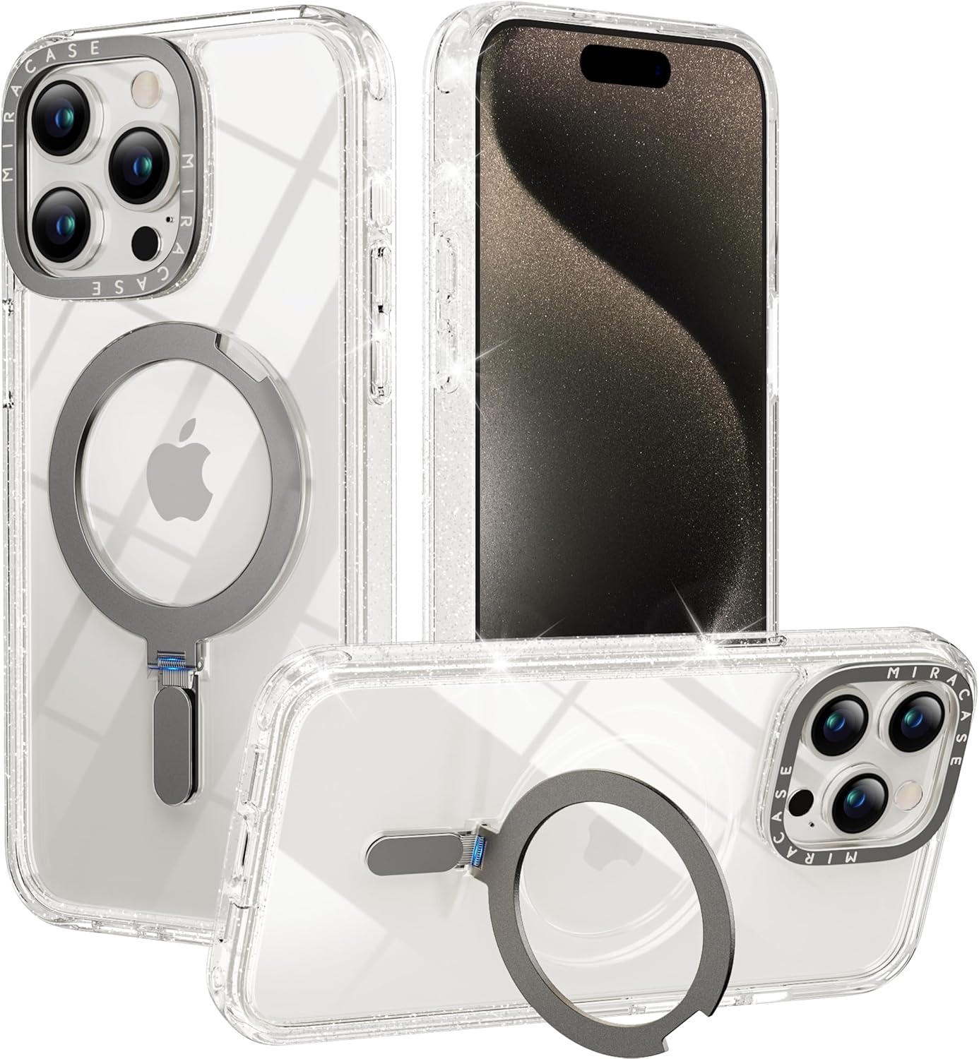 Miracase 2024 Magnetic for iPhone 15 Pro Max Case with Stand [Compatible with MagSafe] [Military Drop Protection] Flexible & Reliable Built-in Kickstand, Slim Phone Case for 15 Pro Max, Clear Glitter