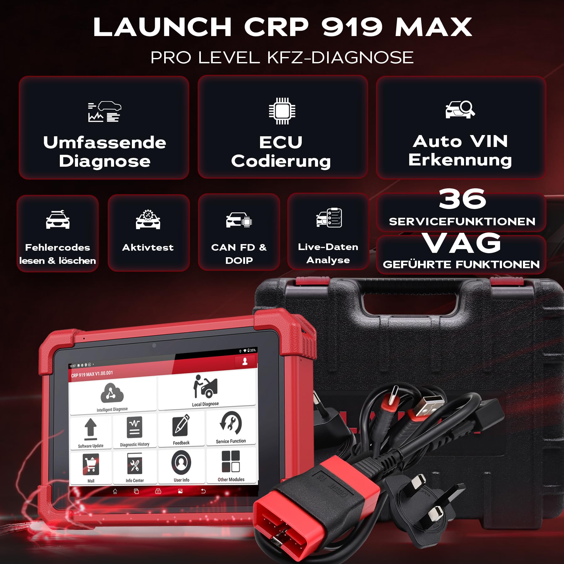 LAUNCH EUROPE CRP 919 MAX OBD2 Diagnosegerät Auto für alle Fahrzeuge, Fehlerauslesegerät KFZ, Alle System Auslesegerät alle Marken, 31+ Servicefunktionen Öl/EPB/DPF/Batterie, ECU-Kodierung, CANFD DoIP