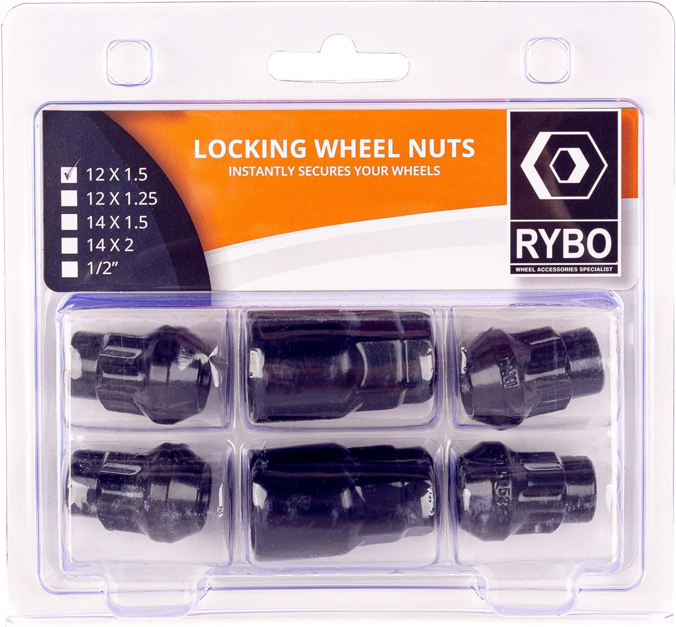 Set of 4 Black Alloy Wheel Locking Nuts, M12 x 1.5 (2 Locking Keys)