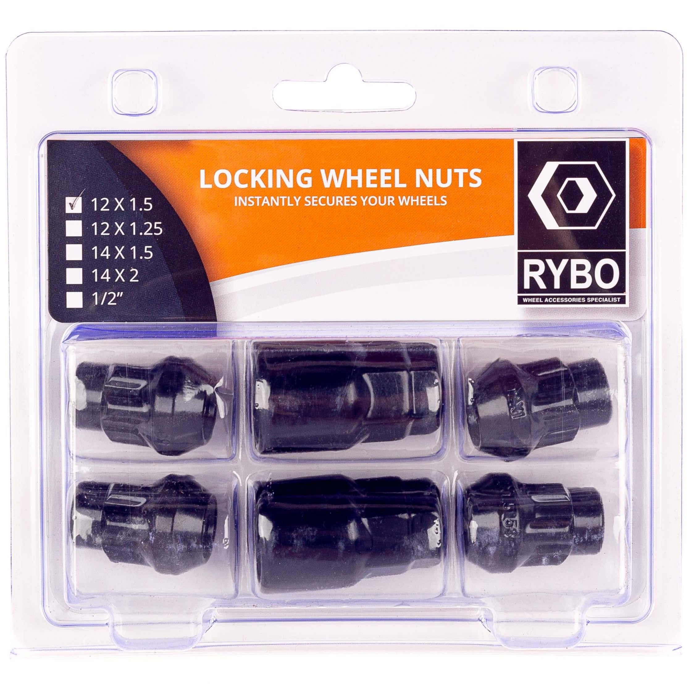 RYBO Set of 4 Black Alloy Wheel Locking Nuts, M12 x 1.5 (2 Locking Keys)