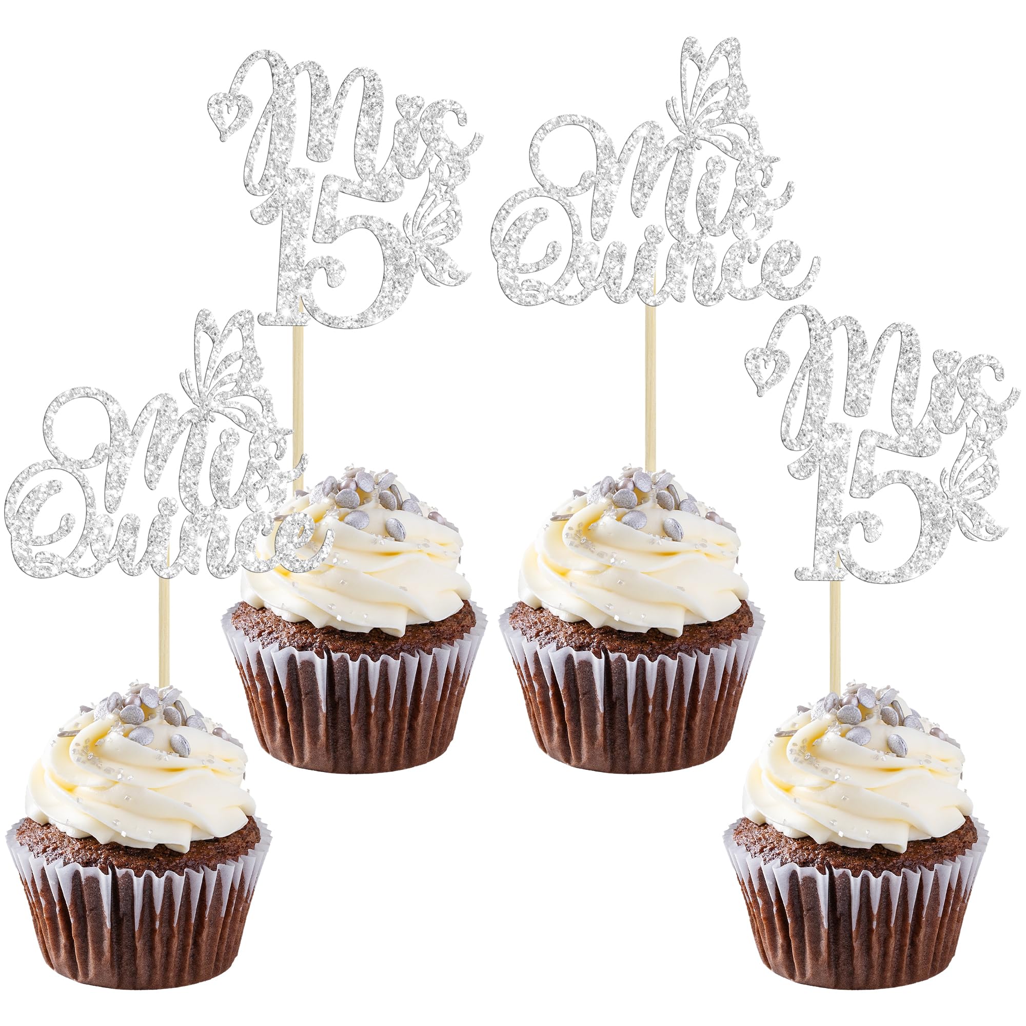 Gyufise 24Pcs Mis Quince 15 Cupcake Toppers Glitter 15th Birthday Cake Toppers Fifteen Dessert Decor Cheers to 15 Years Party Decorations Silver